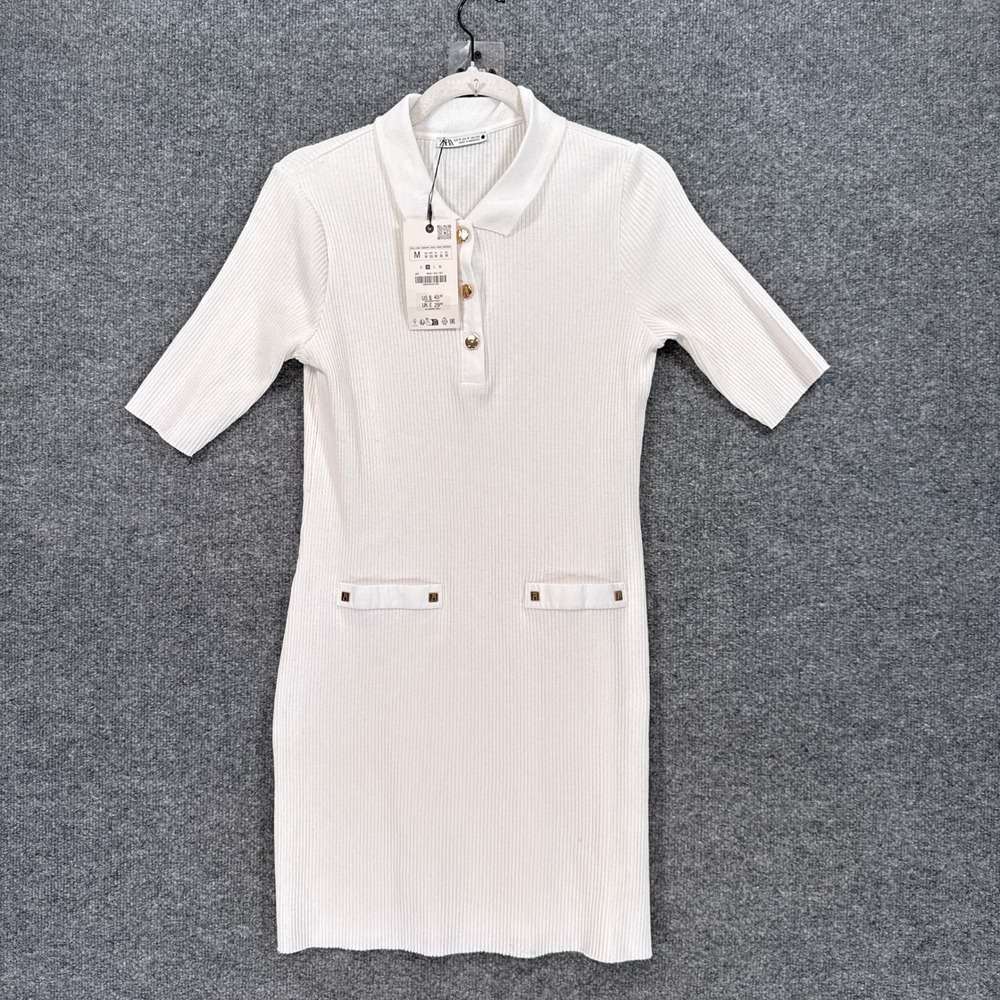 Zara Dress Womens Medium White Ribbed Polo Gold Button 3/4 Sleeve Mini NEW